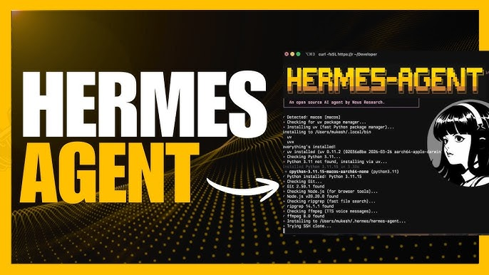 Hermes Agent setup workflow diagram showing the layered architecture: model provider, tools and skills, terminal backend, messaging gateway, and deployment options